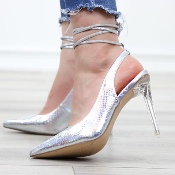 Holograpic Ankle Lace Strap Pointy Toe High Heel - Picture 16 of 16